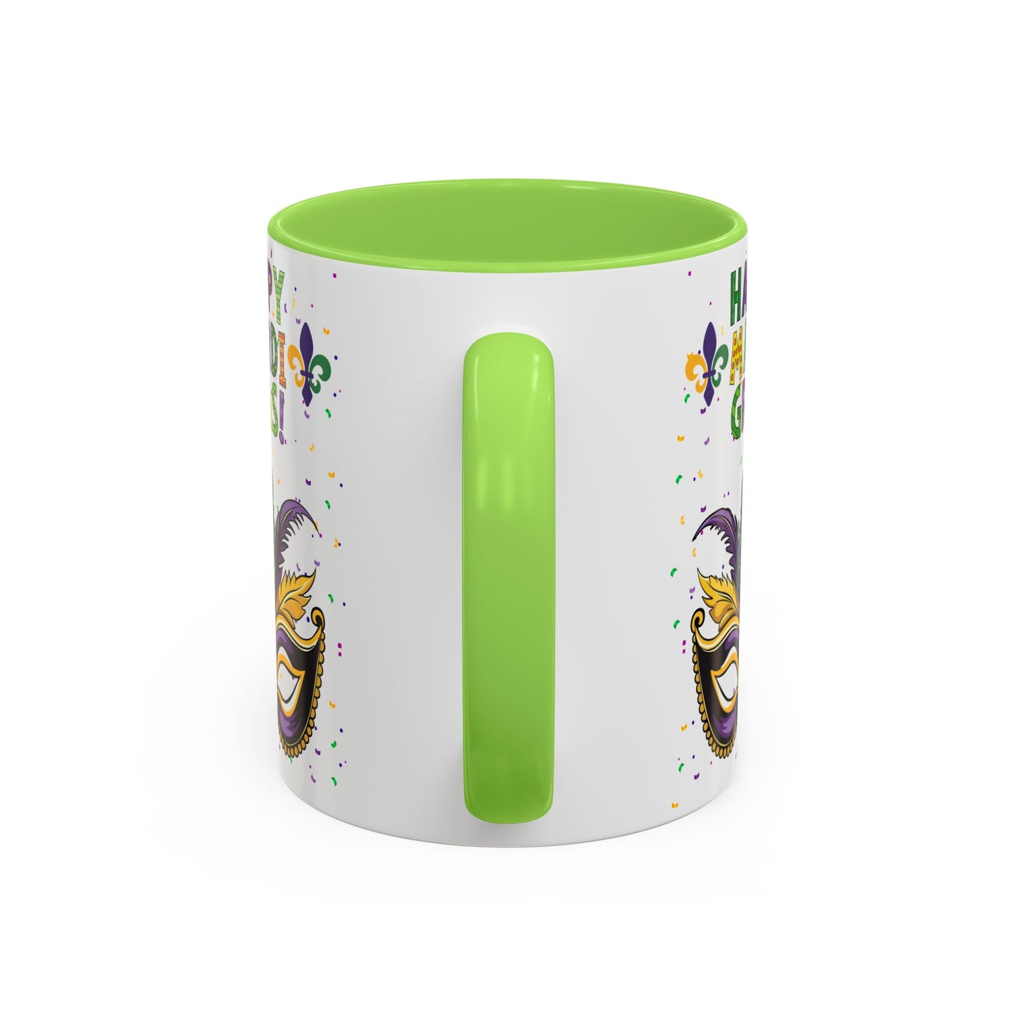 "Happy Mardi Gras Mask" White Ceramic 11oz Mugs With Colorful Accents.  Enjoy The Carnival Season Every time You Use This Mug.