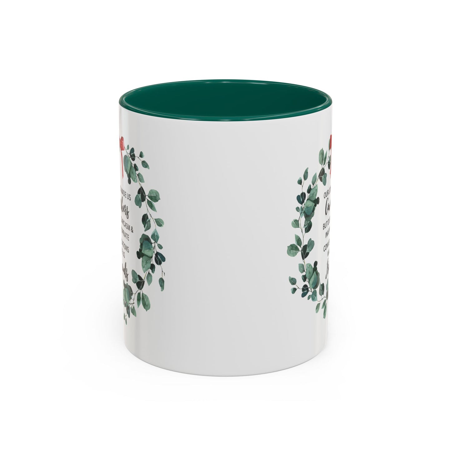 White Ceramic with Colorful Accents, Coffee Mug — “Our Jobs Made Us Coworkers…” Holiday Eucalyptus Wreath Design,11oz
