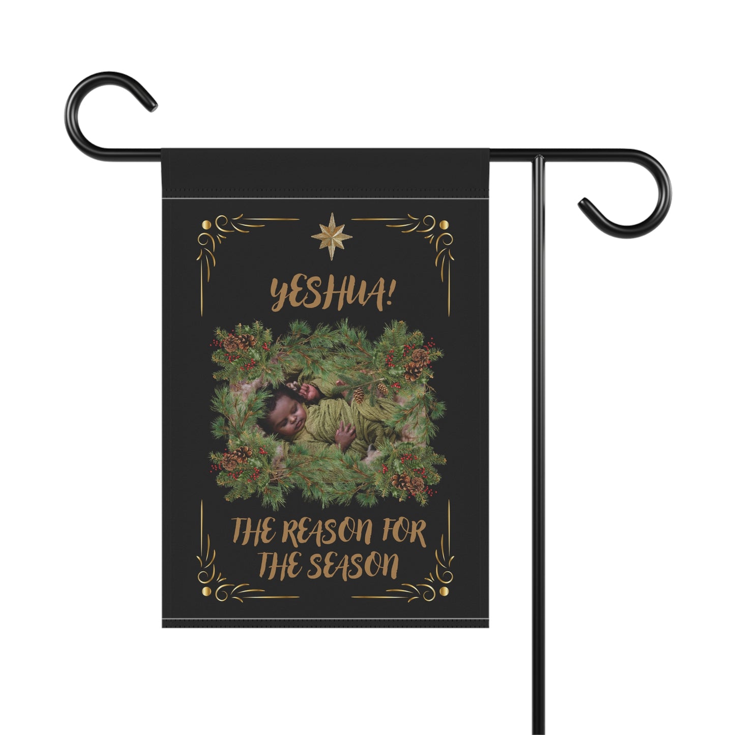 Xmas Nativity Garden Flag —"Yeshua! The Reason for the Season" Religious Christmas Garden Banner-Black