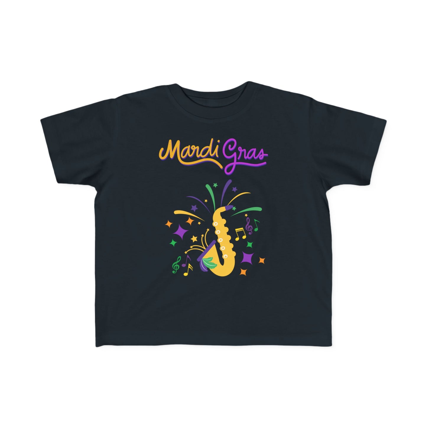 "Mardi Gras Saxophone" Toddler T-Shirt .  This Colorful Saxophone & Confetti Design Helps The Little One Get In The Carnival Mood!.