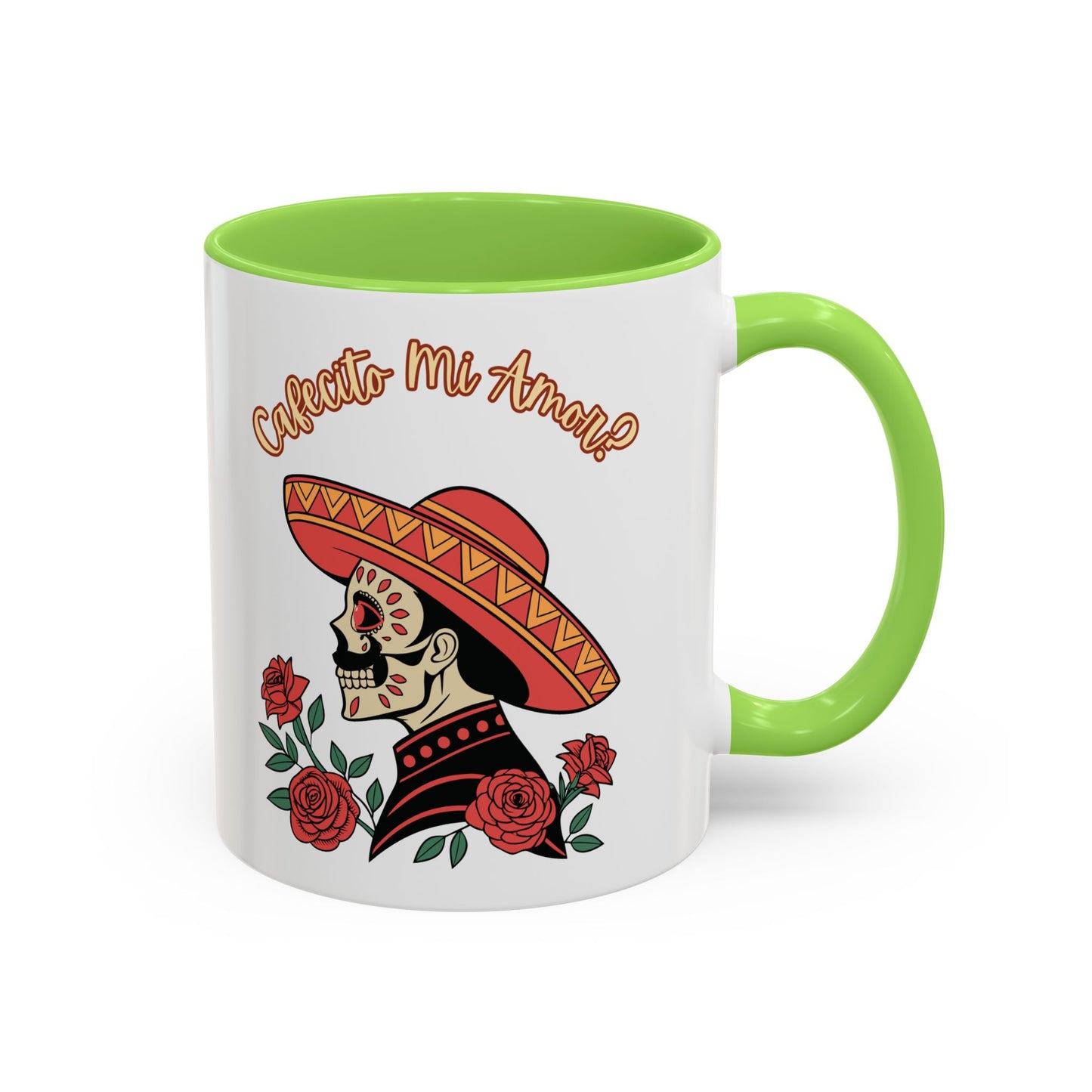 "Cafecito Mi Amor?" -El Hombre, Sugar Skull Style, White Ceramic Mugs with Colorful Accents (11oz/15oz)