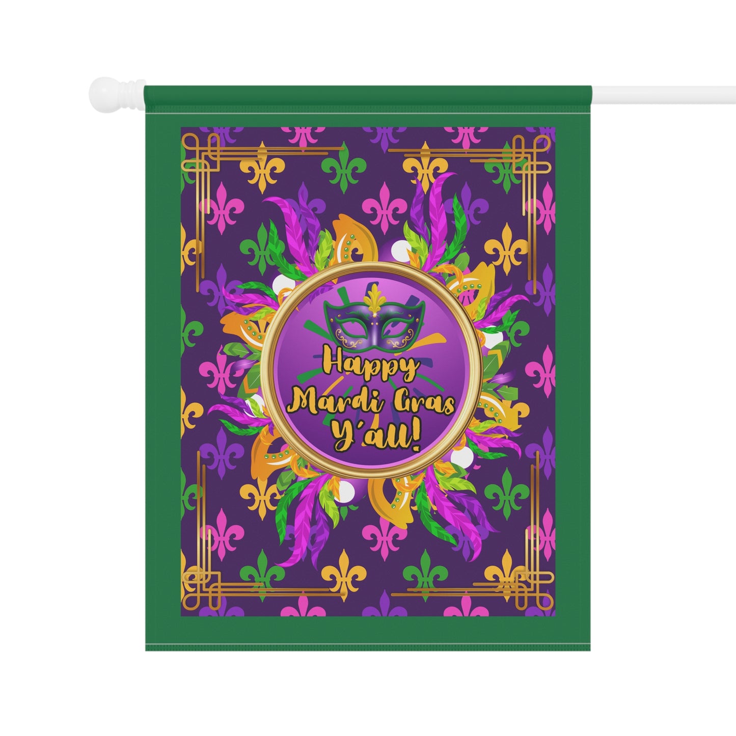Mardi Gras Paisley Garden Banner — “Happy Mardi Gras Y’all!” Decorative House Flag-Dark Green