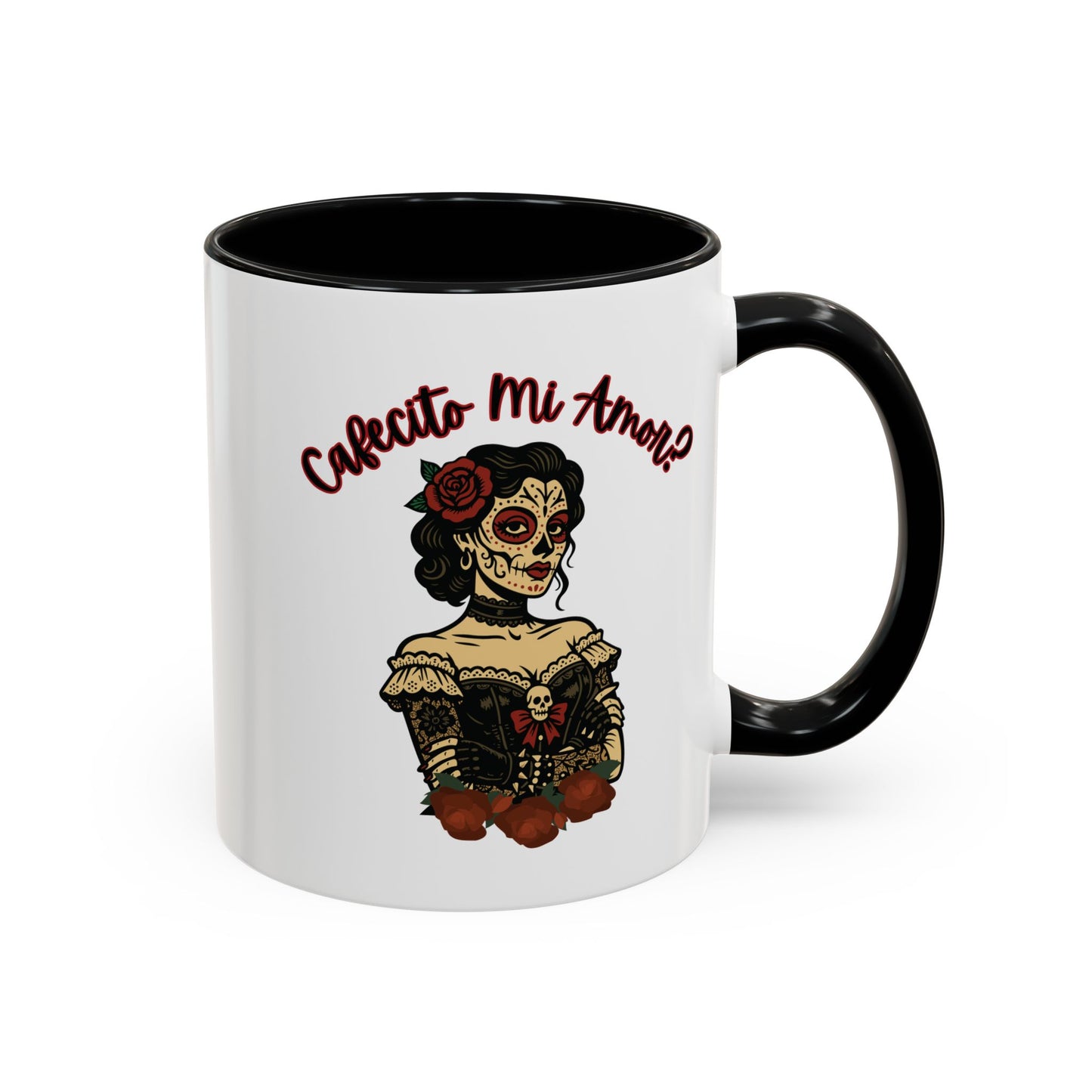 "Cafecito Mi Amor?" Sugar Skull Style , Colorful Accent, 11oz and 15oz Coffee Mug.  A great Day of the Dead  or Halloween Gift!