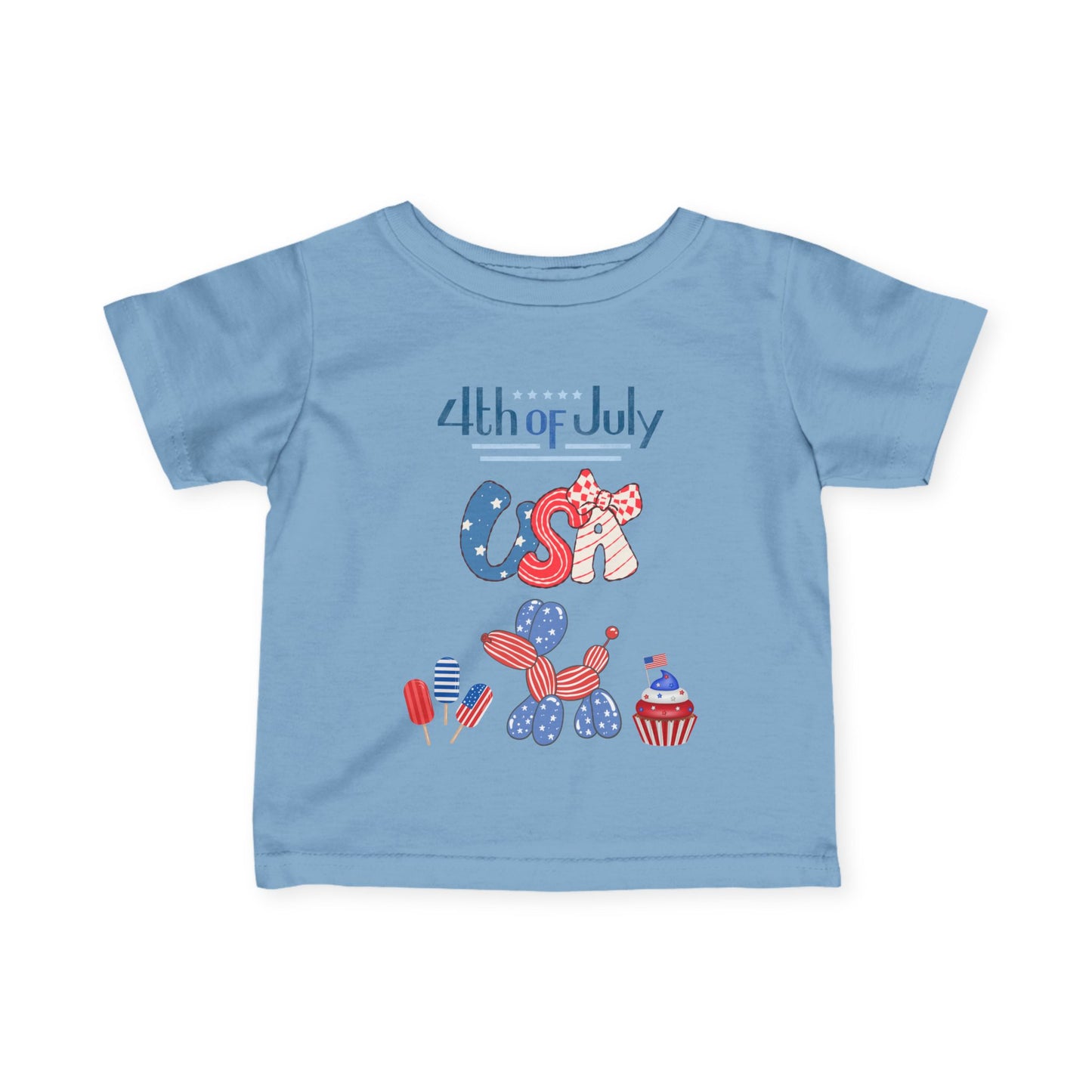 4th of July Infant Tee — USA Patriotic Baby Shirt with Flag Bow & Cupcake