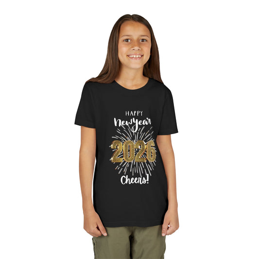 "Happy New Year 2026- Cheers!", Unisex Youth Tee.  Sparkling  Fireworks Make This Tee The One to Wear On That Special Day!