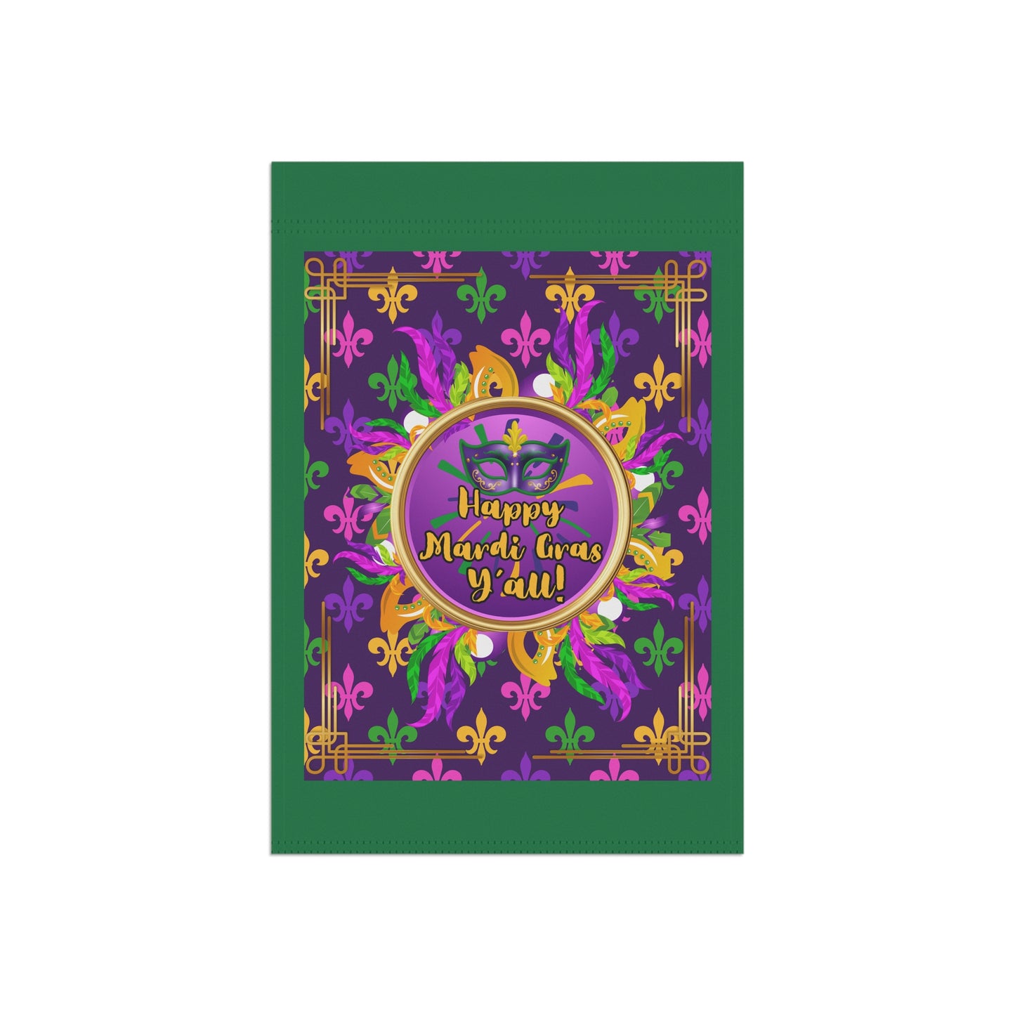 Mardi Gras Paisley Garden Banner — “Happy Mardi Gras Y’all!” Decorative House Flag-Dark Green