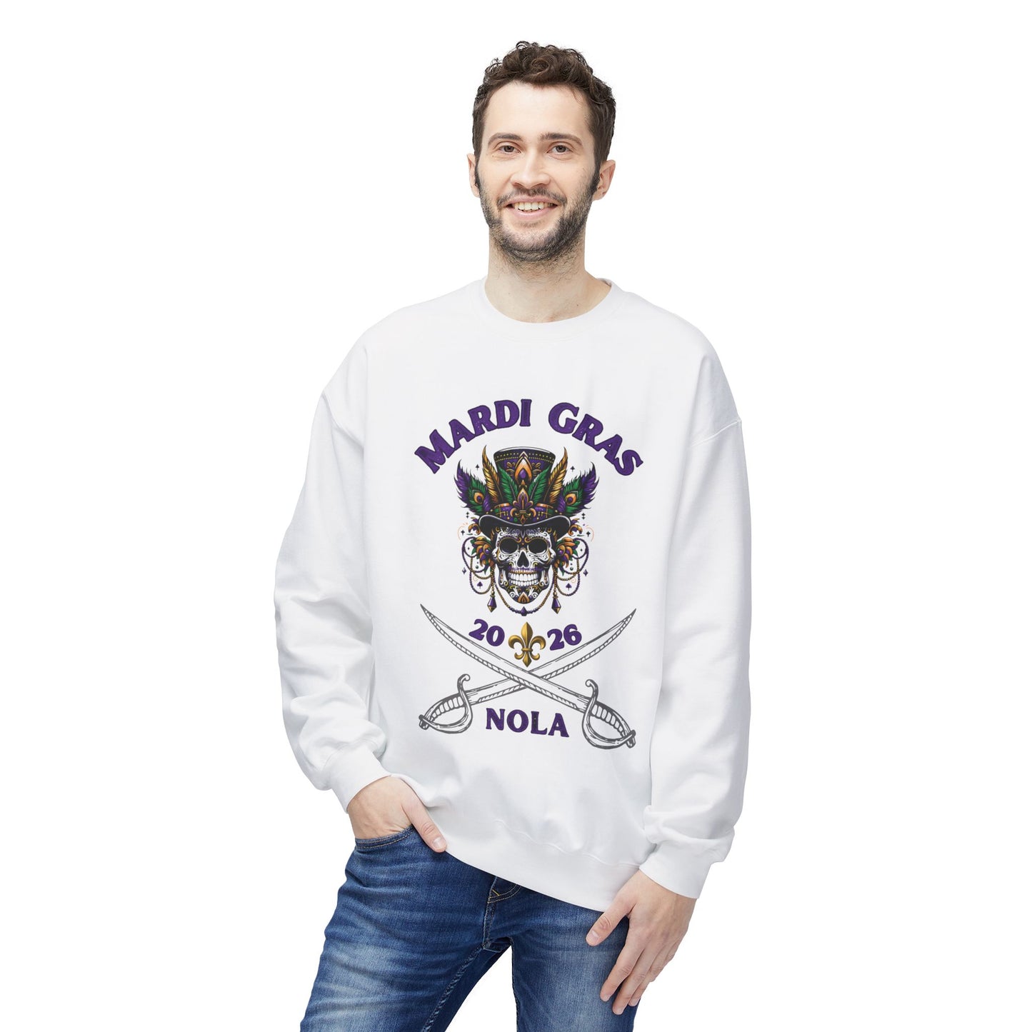 "Mardi Gras 2026 Voodoo Pirate" Crewneck Sweatshirt — A NOLA 2026 Festival Unisex Pullover Ideal For Celebrating Carnival & A Great Souvenir!