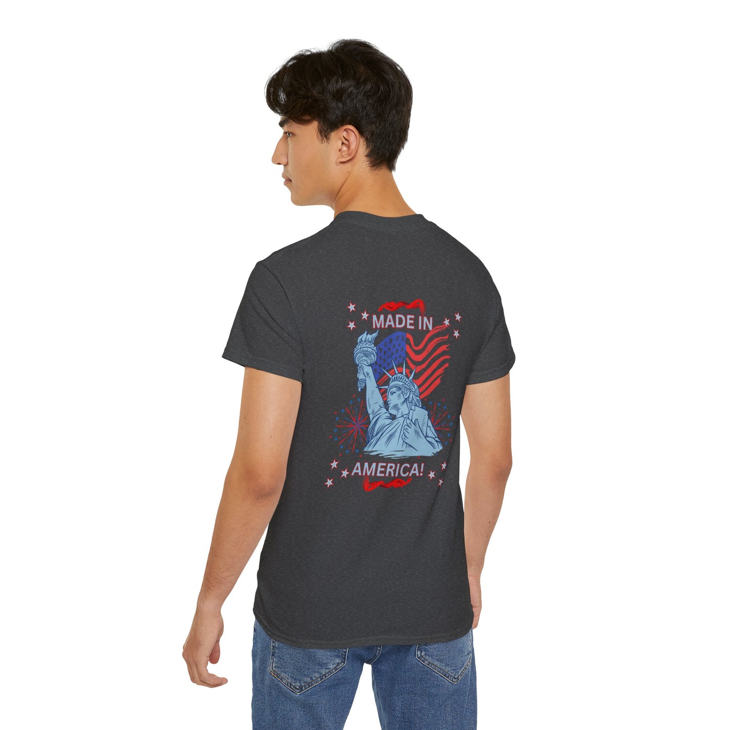 Statue of Liberty Patriotic T-Shirt — "Made In America -Happy Anniversary 1776-2026"  Front & Back Design