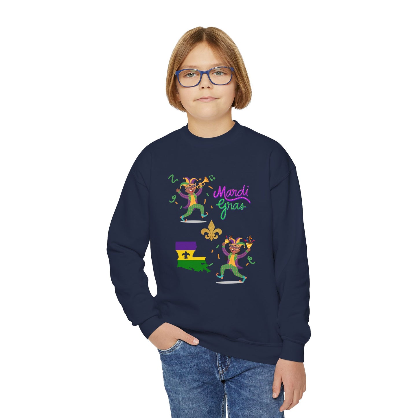 "Mardi Gras Kids" Youth Crewneck Sweatshirt — Colorful Beads, Jester Costumes & The State Of Louisiana all in Classic Mardi Gras Colors - Ready For The Parades!