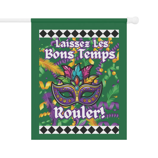 “Laissez Les Bons Temps Rouler!” Gras Garden Flag.  Decorative And Coloful Mardi Gras House Banner/Flag-Green
