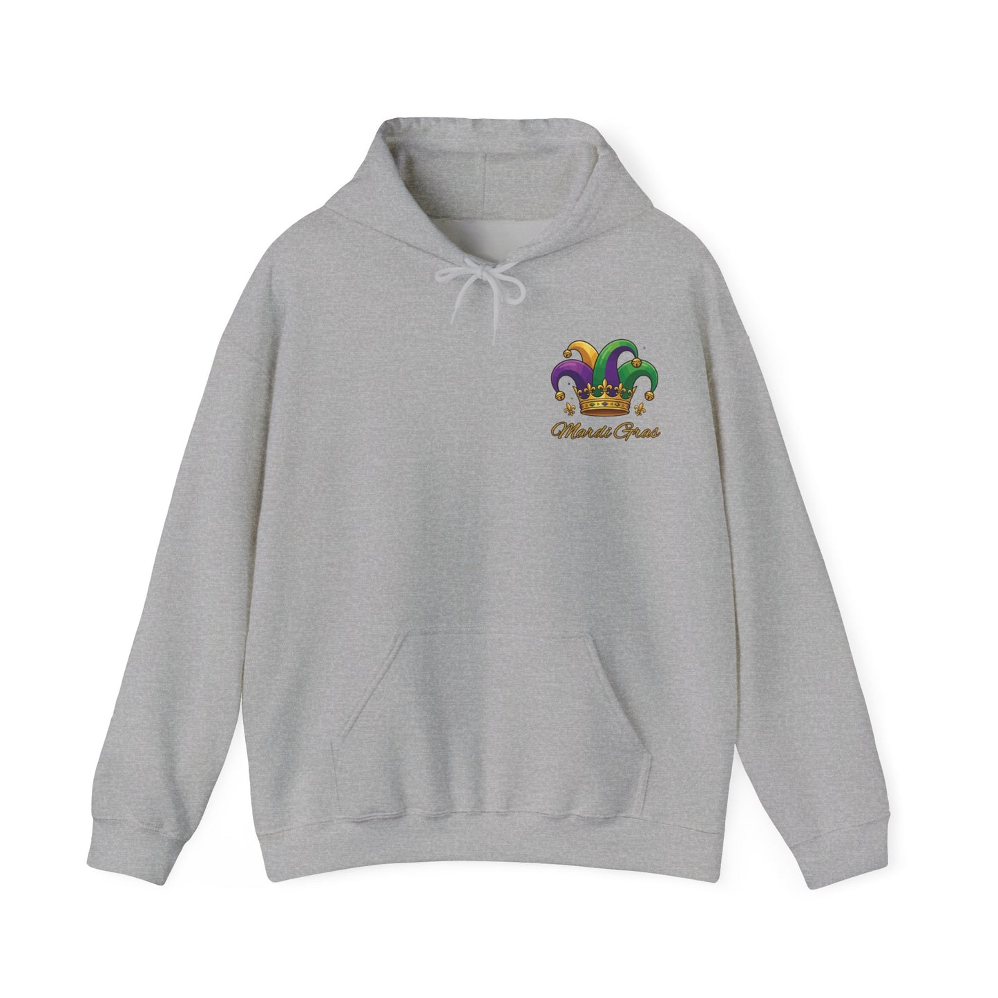 "Mardi Gras Jester Crown" Unisex Pullover Hoodie.  Festive Colorful Front Chest & Bold Back Designs Make This THE Hoodie Of Carnival Season!