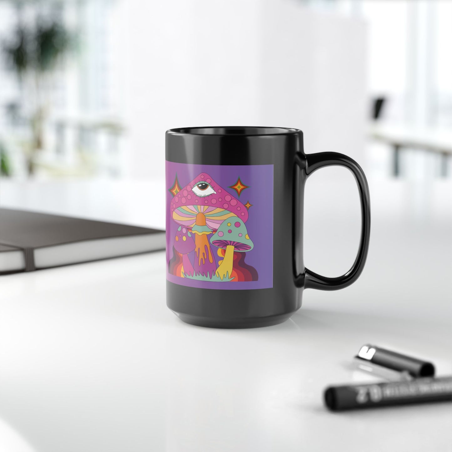 "Groovy Ombre Mushroom" Mug,  Black Ceramic Coffee Mugs In 15oz & 11oz
