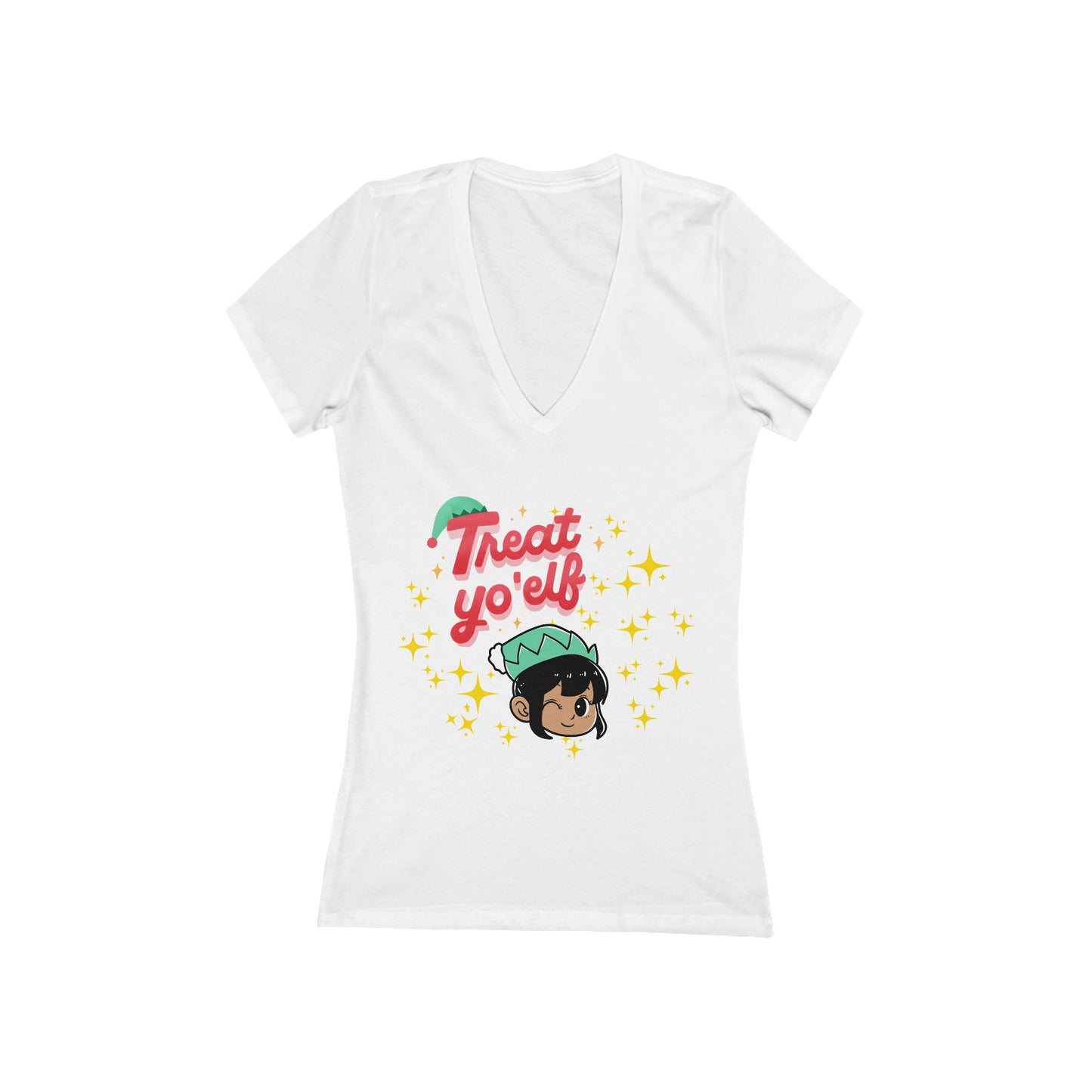 Treat Yo'Elf Christmas V-Neck Tee — Cute Elf Graphic Women's Tee