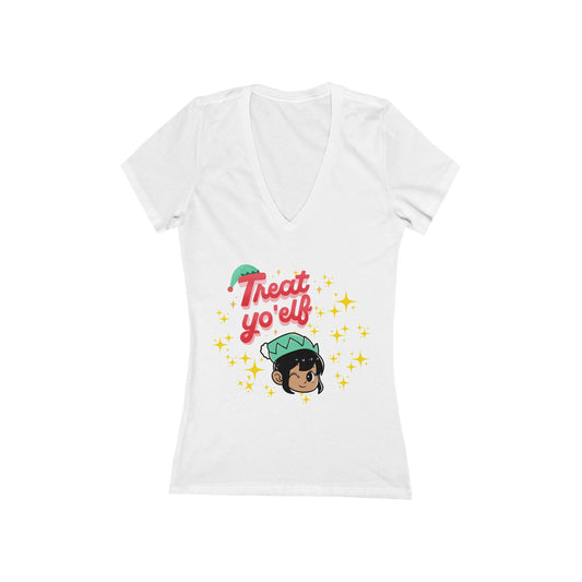 Treat Yo'Elf Christmas V-Neck Tee — Cute Elf Graphic Women's Tee