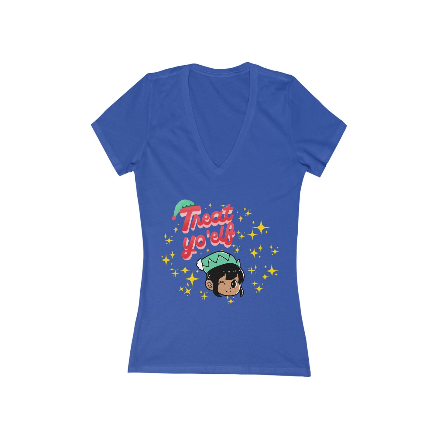 Treat Yo'Elf Christmas V-Neck Tee — Cute Elf Graphic Women's Tee