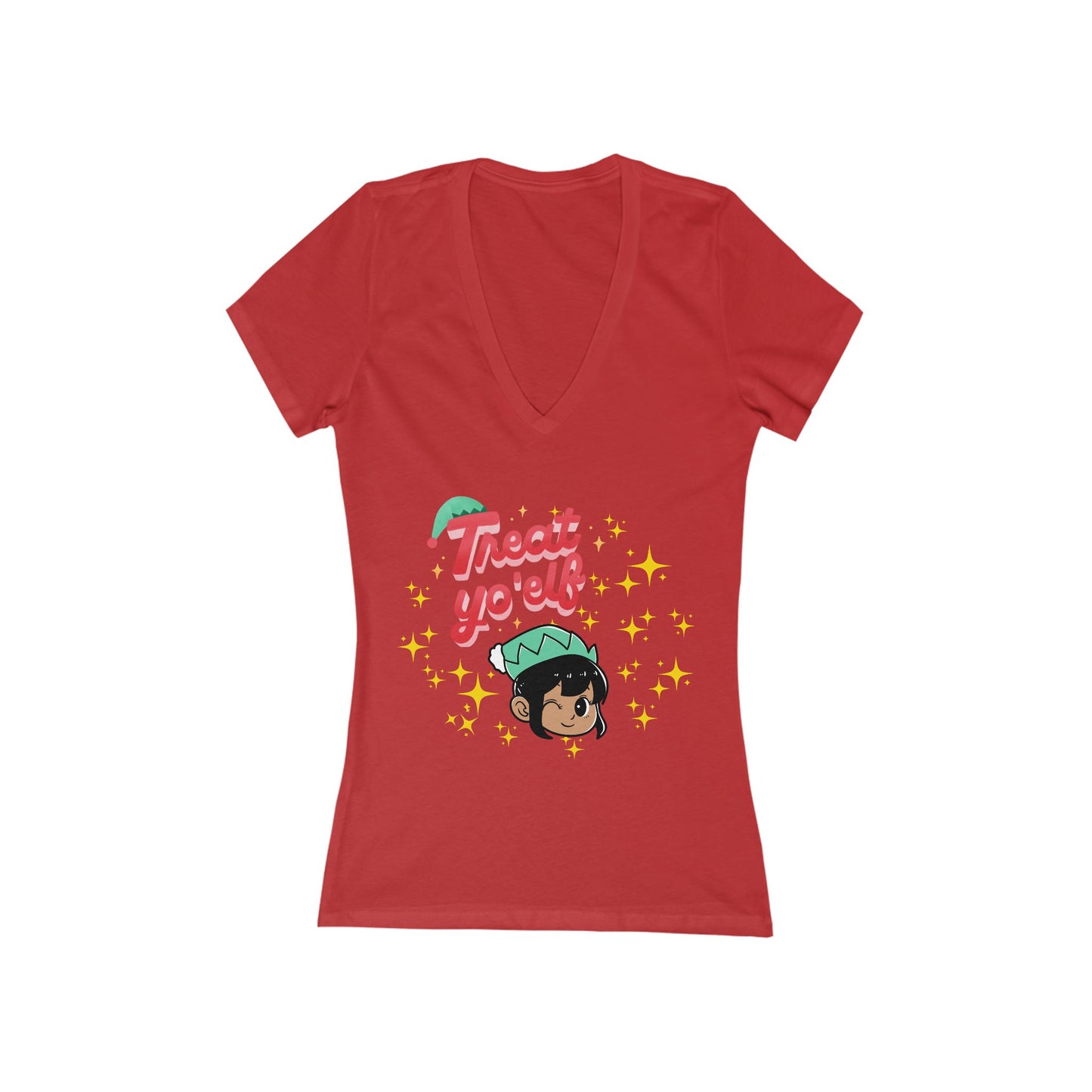 Treat Yo'Elf Christmas V-Neck Tee — Cute Elf Graphic Women's Tee
