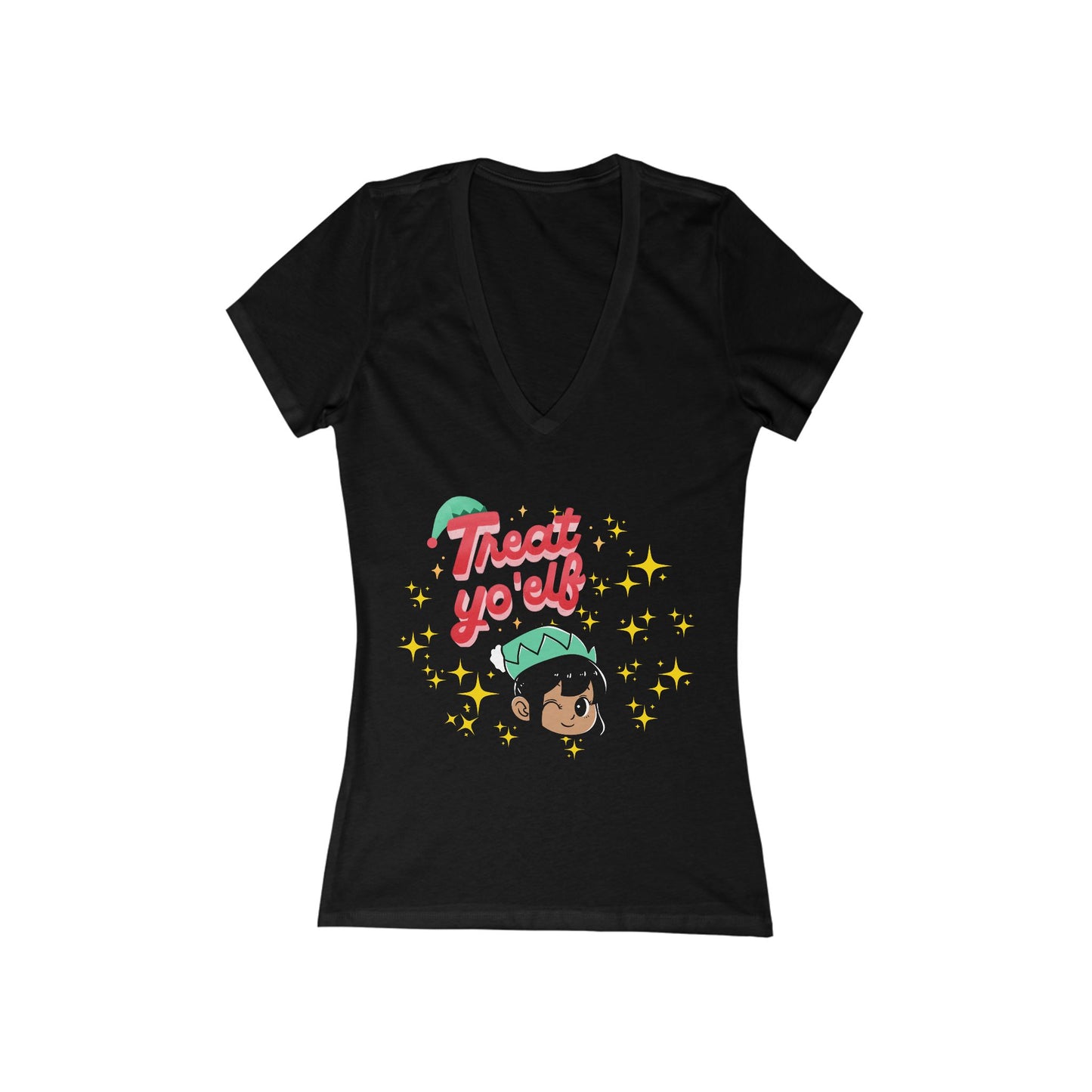 Treat Yo'Elf Christmas V-Neck Tee — Cute Elf Graphic Women's Tee