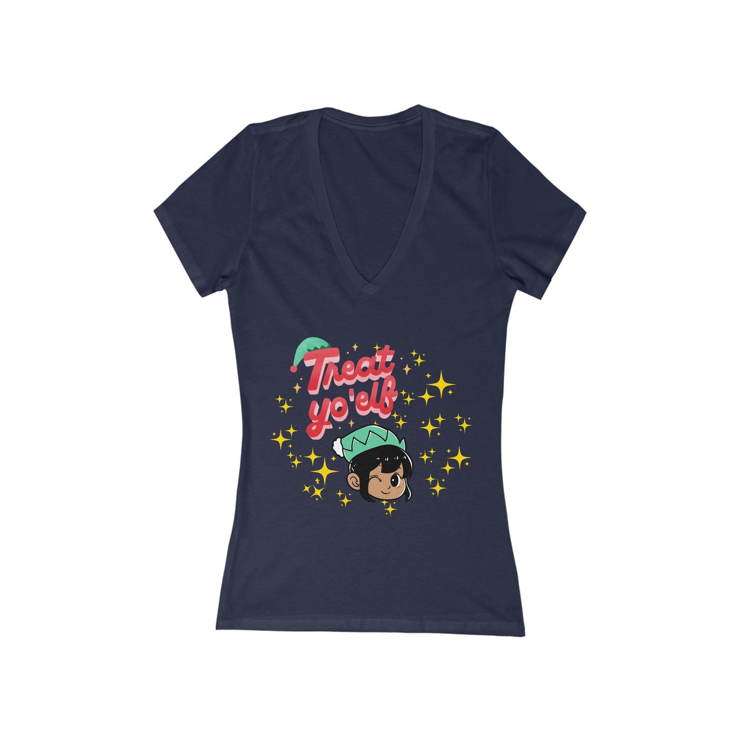Treat Yo'Elf Christmas V-Neck Tee — Cute Elf Graphic Women's Tee