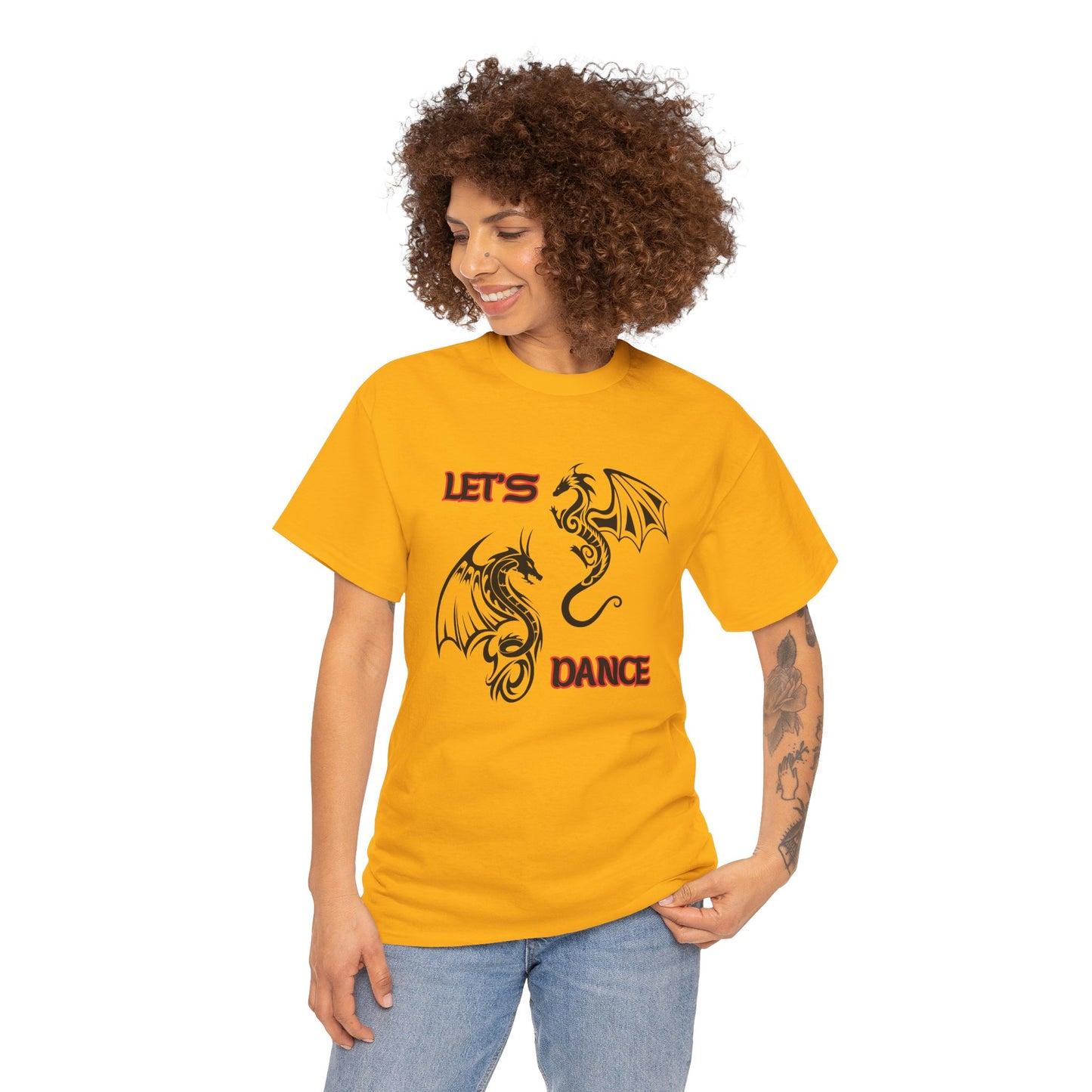 "Let's Dance" Unisex Heavy Cotton Tee, Black/Red Text