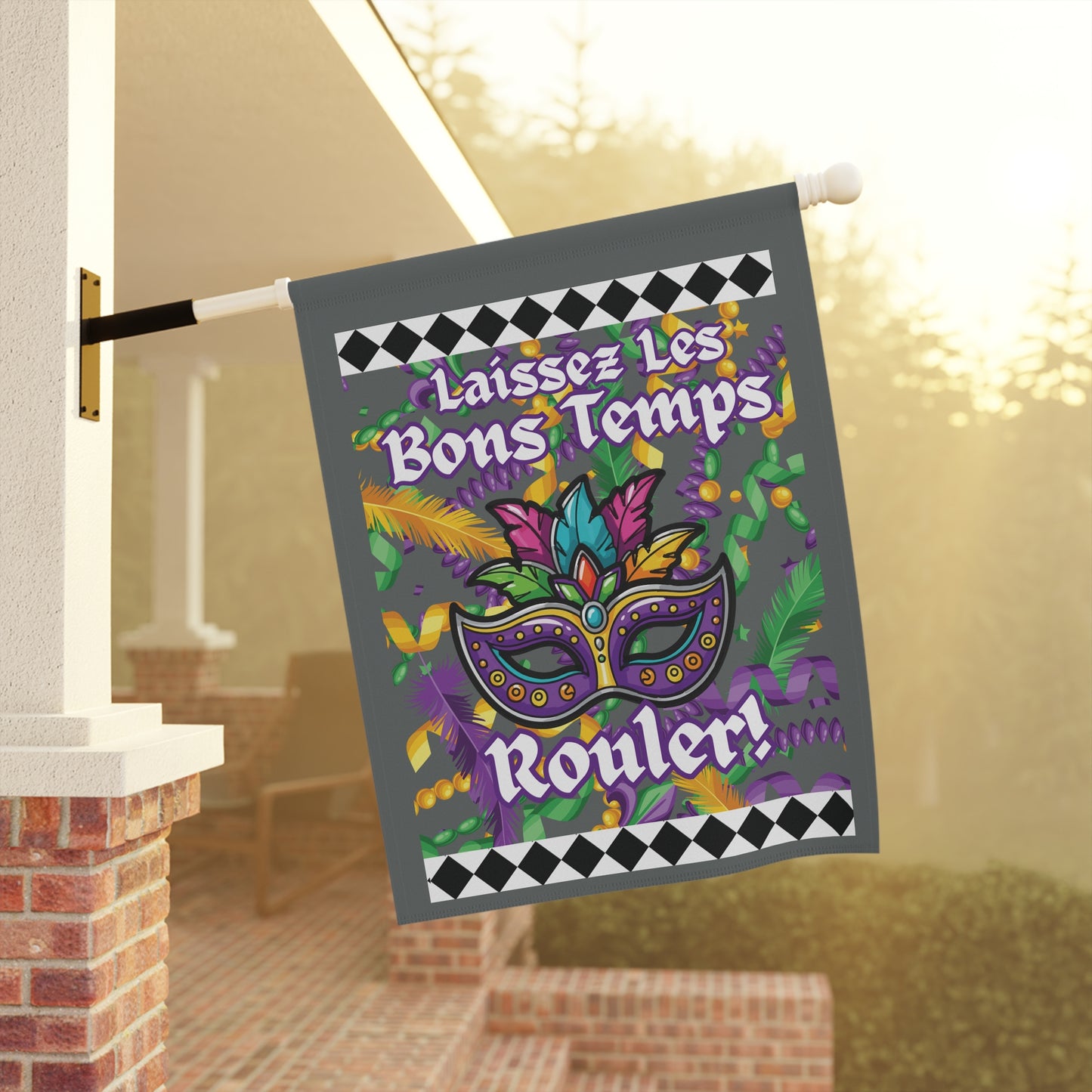 Mardi Gras Garden Flag – "Laissez Les Bons Temps Rouler" Decorative House Banner -Gray