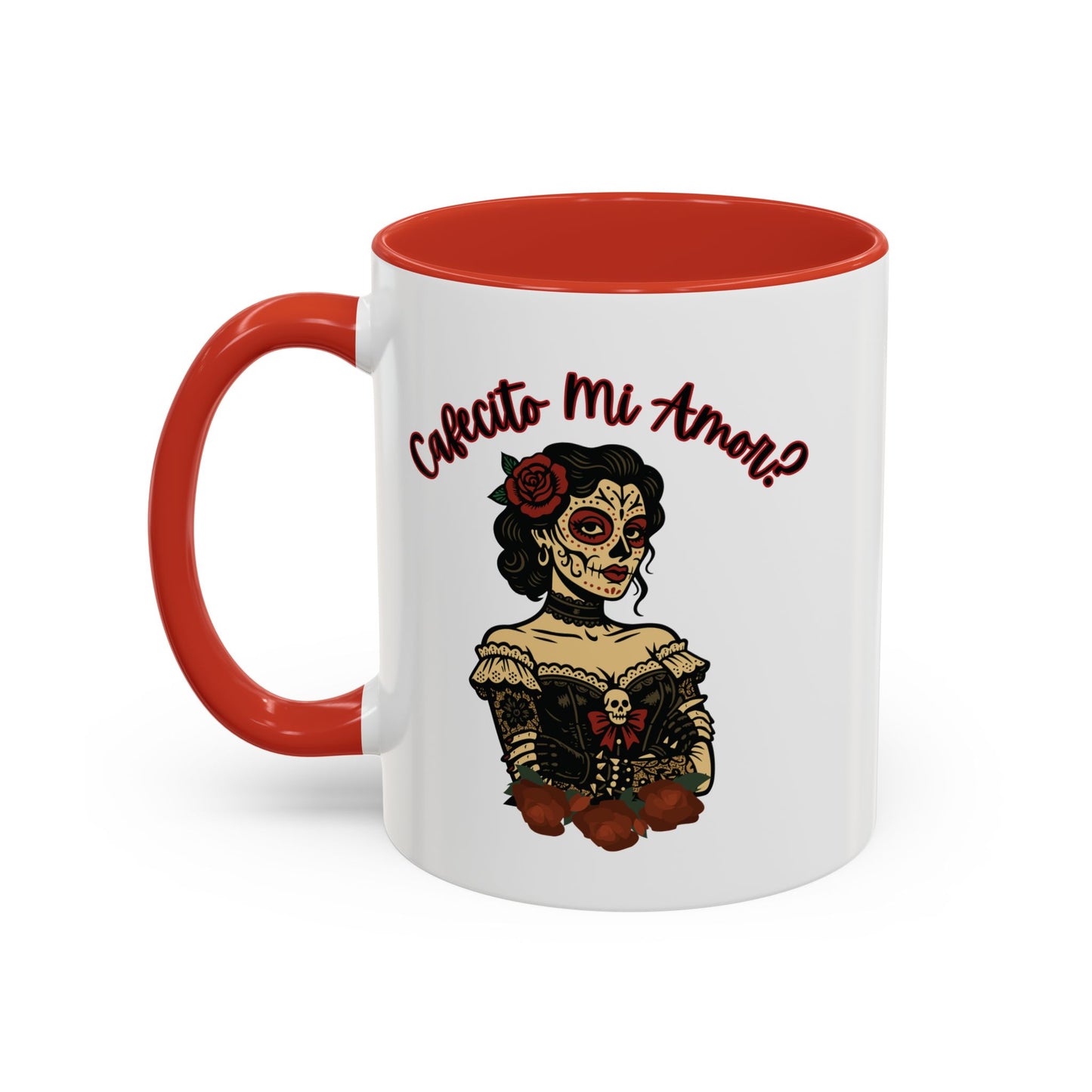 "Cafecito Mi Amor?" Sugar Skull Style , Colorful Accent, 11oz and 15oz Coffee Mug.  A great Day of the Dead  or Halloween Gift!