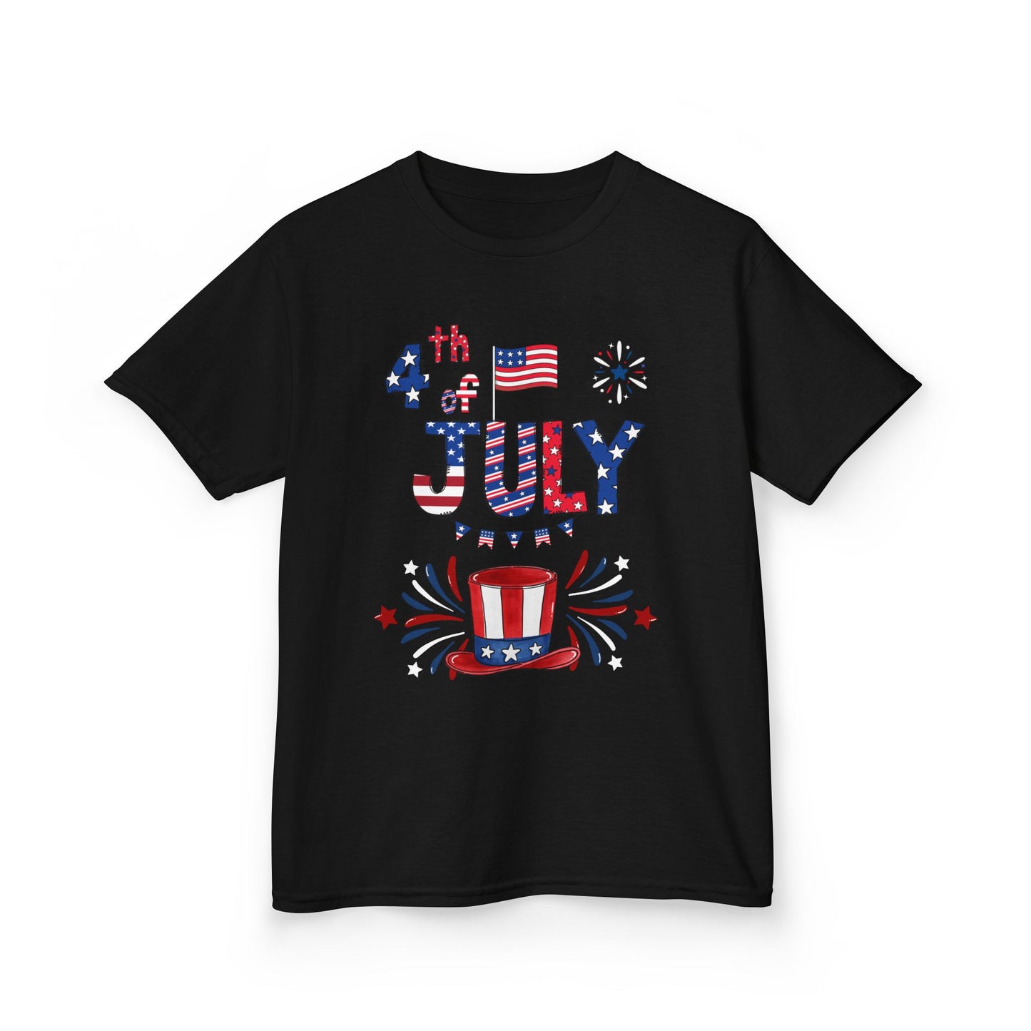 Kids "4th of July" Patriotic Boxy Tee — Celebrate This Special Day With Fireworks & A Vibrant Uncle Sam Hat!