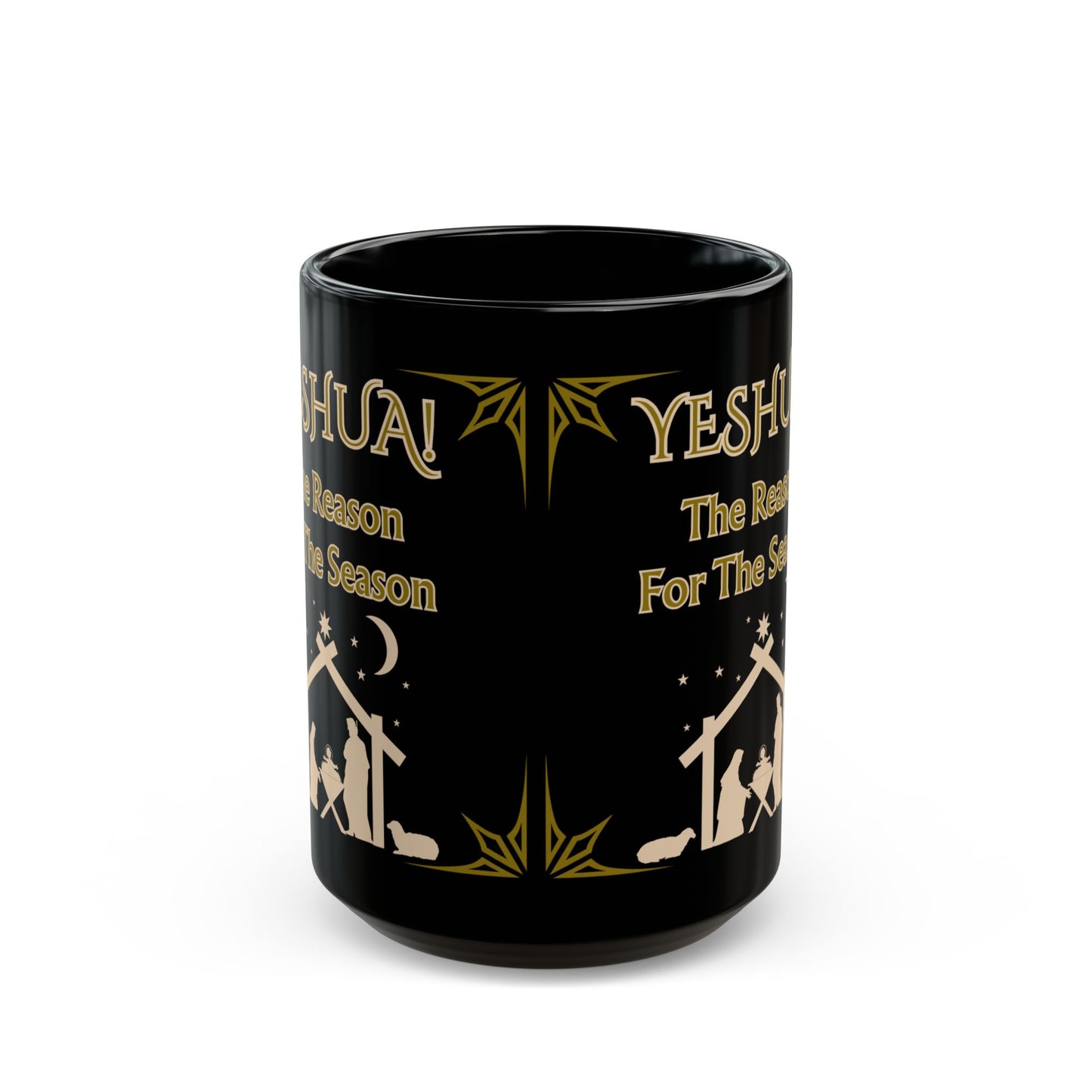 "Yeshua! Reason For The Season" Nativity  Scene, Black 15oz Ceramic Mug Christmas Coffee Cup, Gold and Beige Des