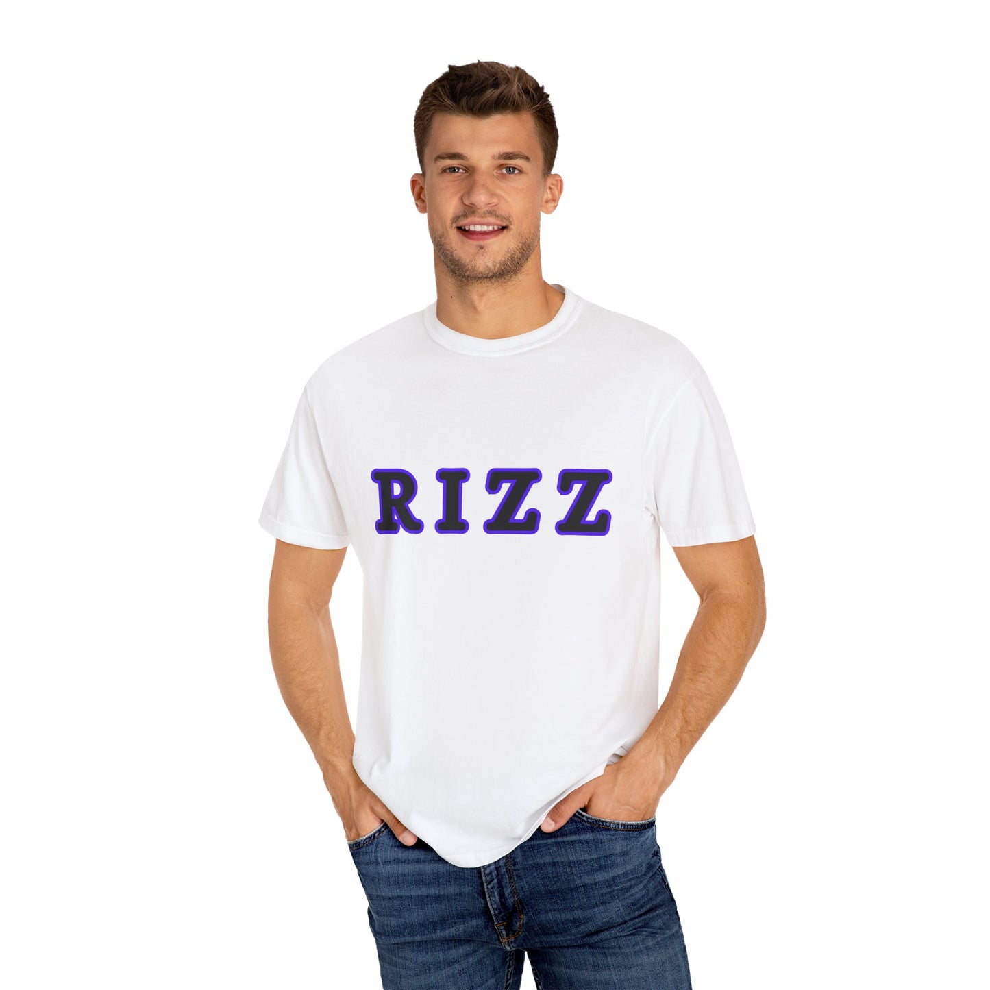 "RIZZ"  our custom designed Unisex T-shirt  with front and back graphics. A Trendy Acronym Tee that is sure to get attention!