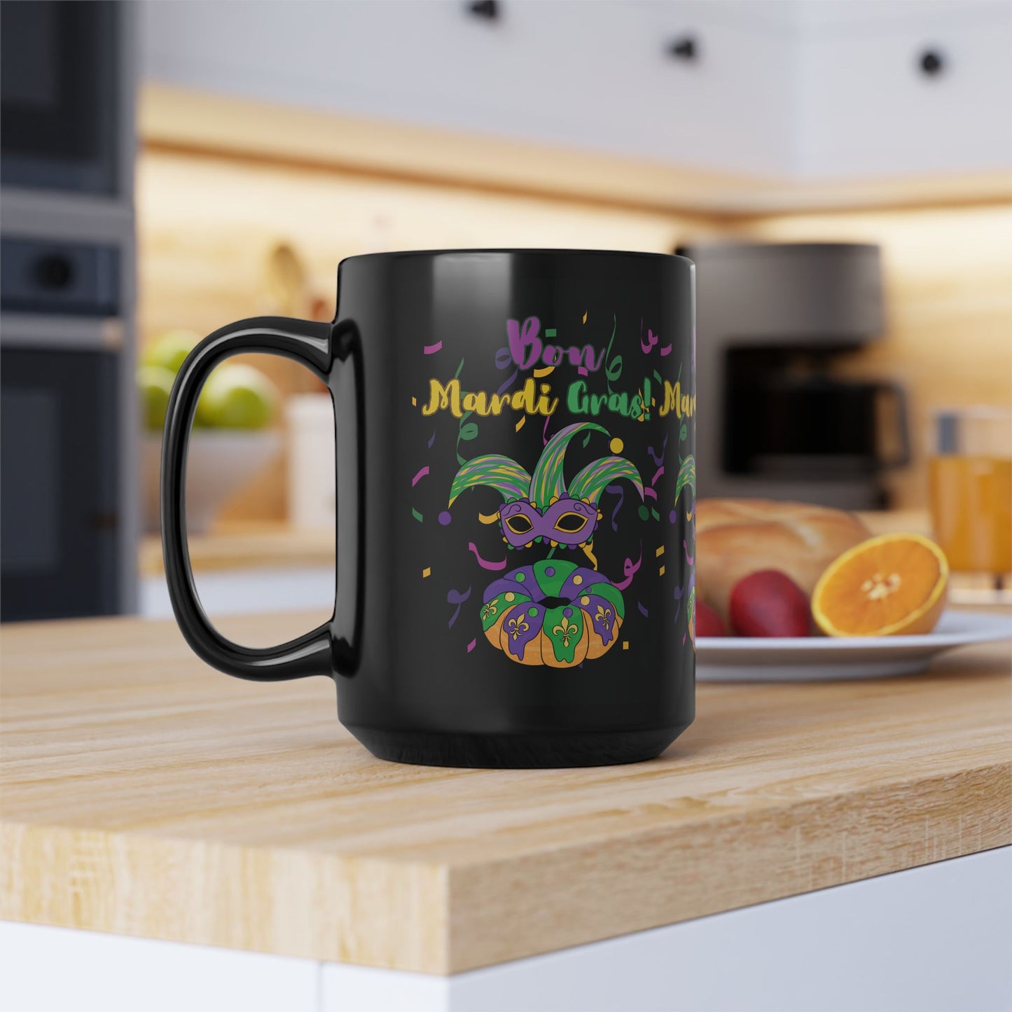 "Bon Mardi Gras" 15oz  Black Ceramic Mug, Featuring A Festive Carnival Mask & King Cake!