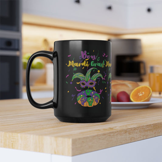 "Bon Mardi Gras" 15oz  Black Ceramic Mug, Featuring A Festive Carnival Mask & King Cake!