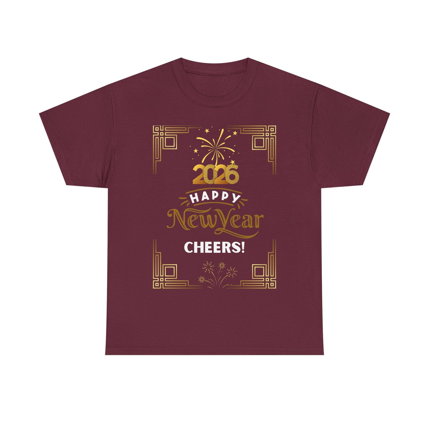 "Happy New Year -Cheers!" 2026  Unisex Midweight T-Shirt- 100 % Cotton — Festive "Art Deco Style" New Years Tee Great for Casual Celebrations or Parties While Ringing In the New Year!