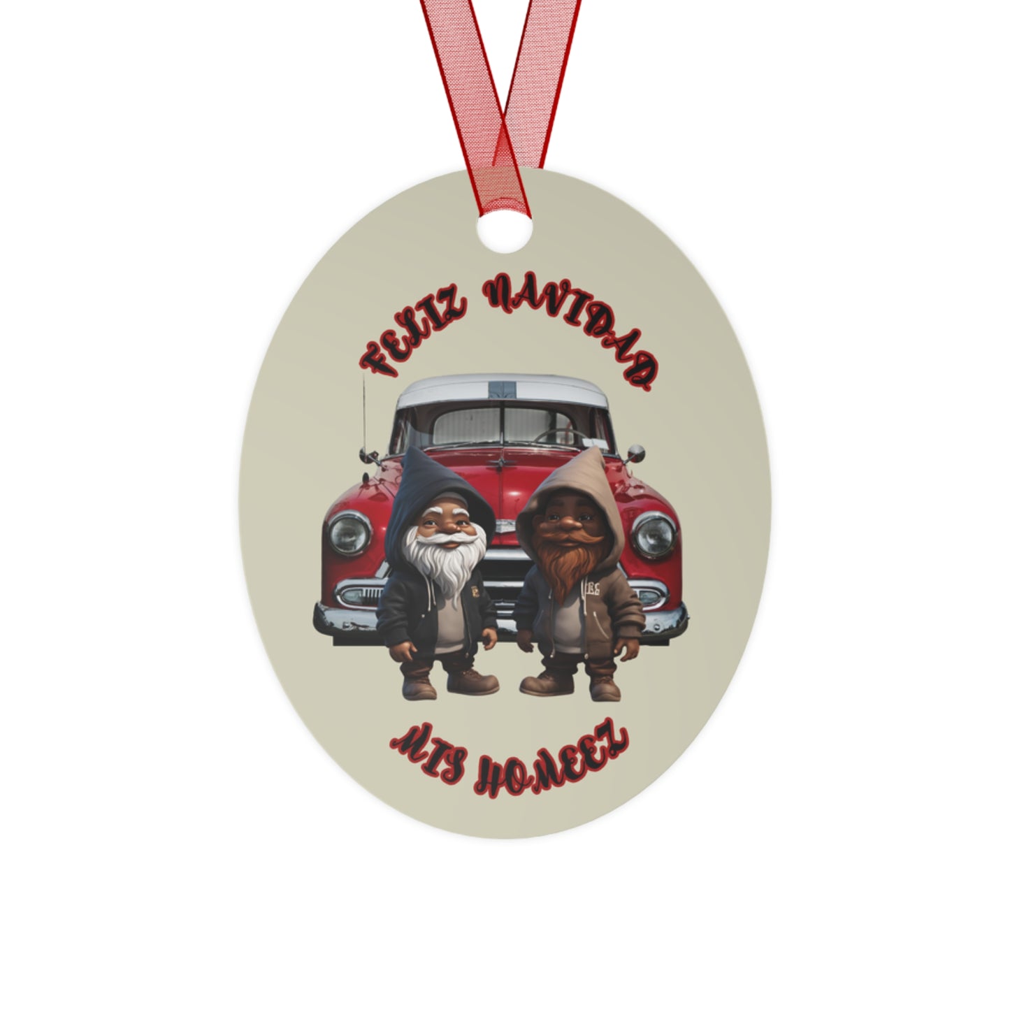 "Feliz Navidad Mis Homeez"  Beige Oval Metal Ornament