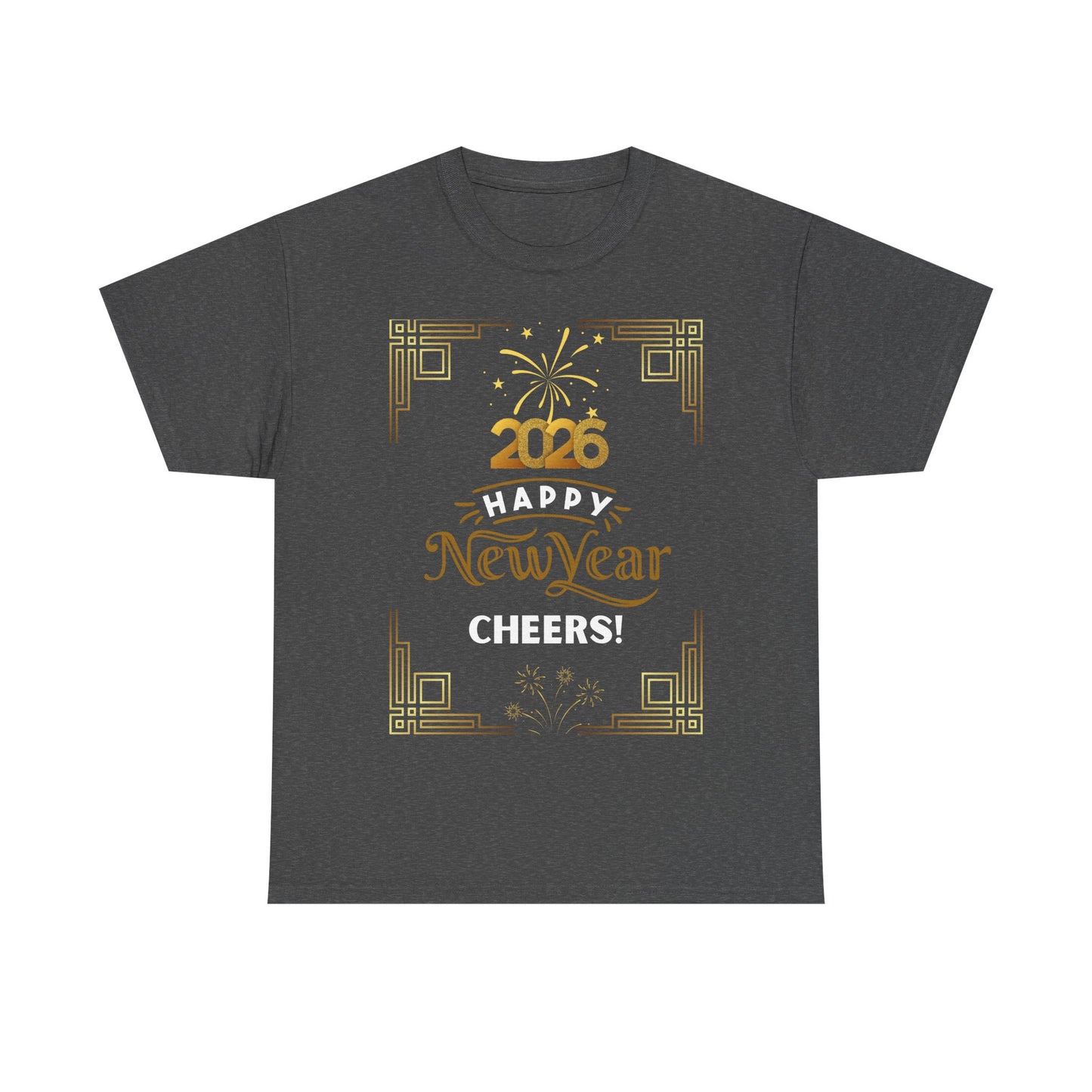 "Happy New Year -Cheers!" 2026  Unisex Midweight T-Shirt- 100 % Cotton — Festive "Art Deco Style" New Years Tee Great for Casual Celebrations or Parties While Ringing In the New Year!