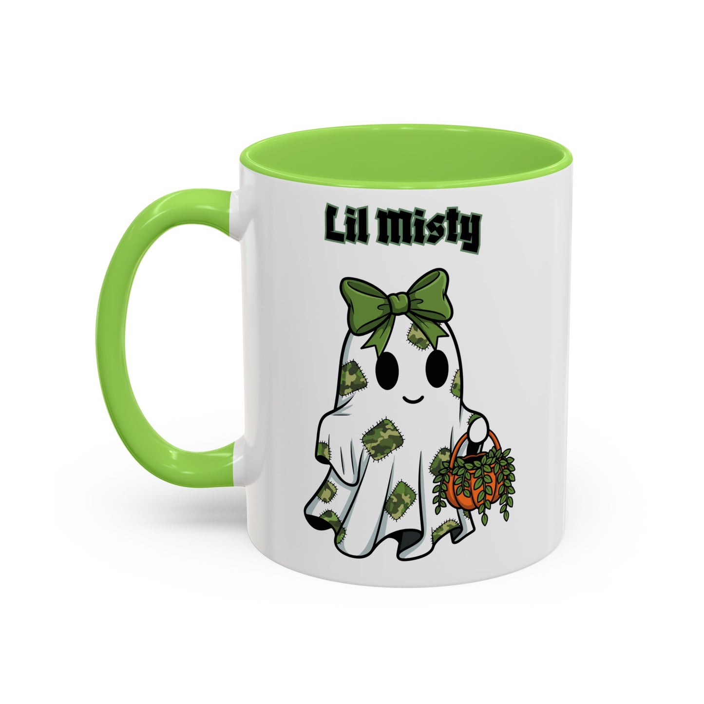 "Lil Misty Ghost" White Ceramic Mug  (11oz and 15oz) With Colorful Accents.  A Cute Halloween Mug for All Ages!