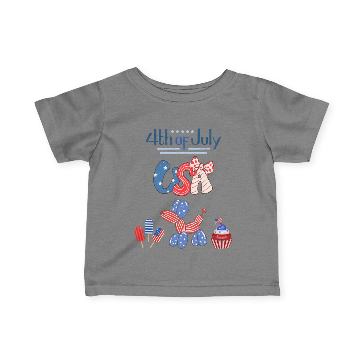 4th of July Infant Tee — USA Patriotic Baby Shirt with Flag Bow & Cupcake