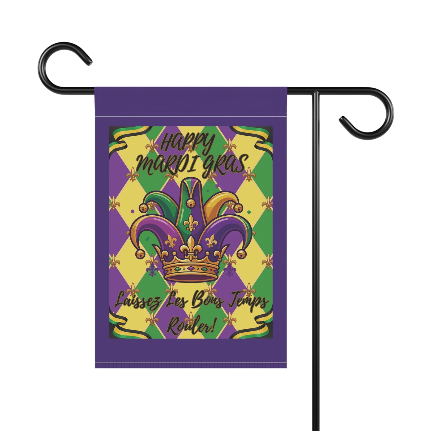 Mardi Gras Jester Crown Garden Flag — "Happy Mardi Gras-Laissez Les Bons Temps Rouler!" House Banner-Purple