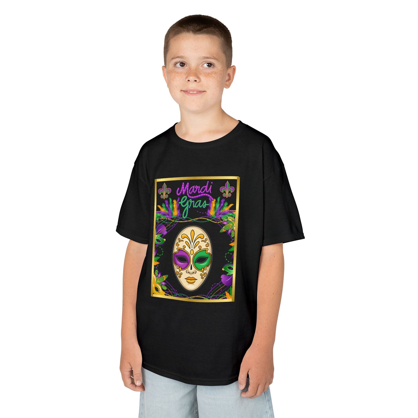 "Mardi  Gras Mask"  Youth Unisex  Boxy T-Shirt.  This Stylish & Colorful Tee Has All The Elements Needed For Carnival Cheer!
