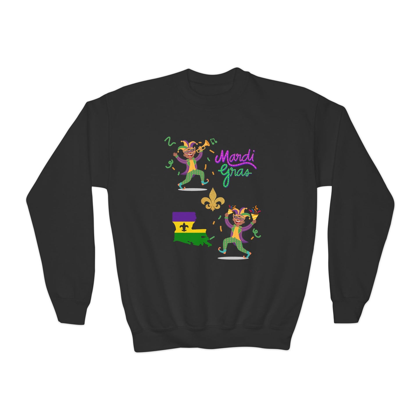 "Mardi Gras Kids" Youth Crewneck Sweatshirt — Colorful Beads, Jester Costumes & The State Of Louisiana all in Classic Mardi Gras Colors - Ready For The Parades!