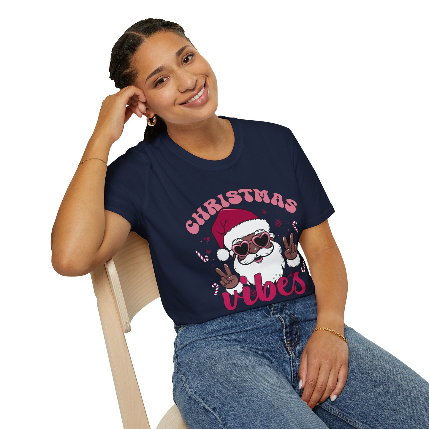 "Christmas Vibes" Unisex T-Shirt — Retro Santa Sporting Cool Sunglasses And A Peace Sign. What a Groovy Holiday Tee!