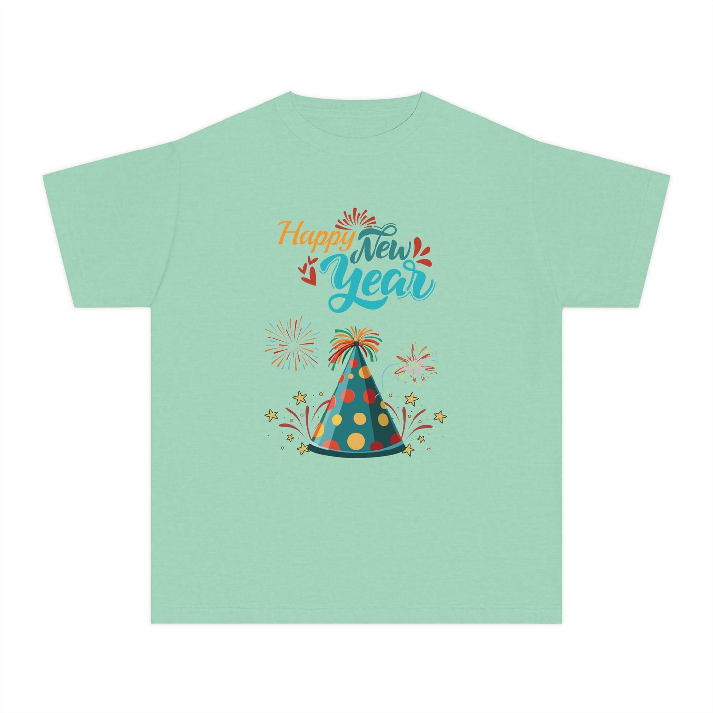 "Happy New Year -Party Hat and Fireworks" Kids/Youth T-Shirt .  A Fun, Colorful Tee For The Kids To Wear When Celebrating The New Year!