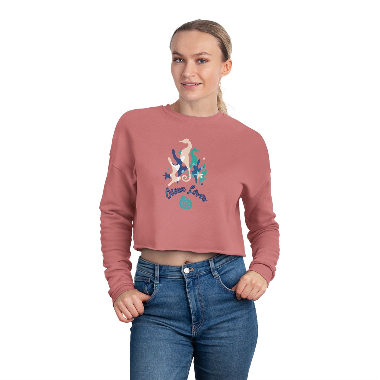 "Ocean Lover" Sea Horse & Coral Cropped Sweatshirt — Women's Beachy Crop Top