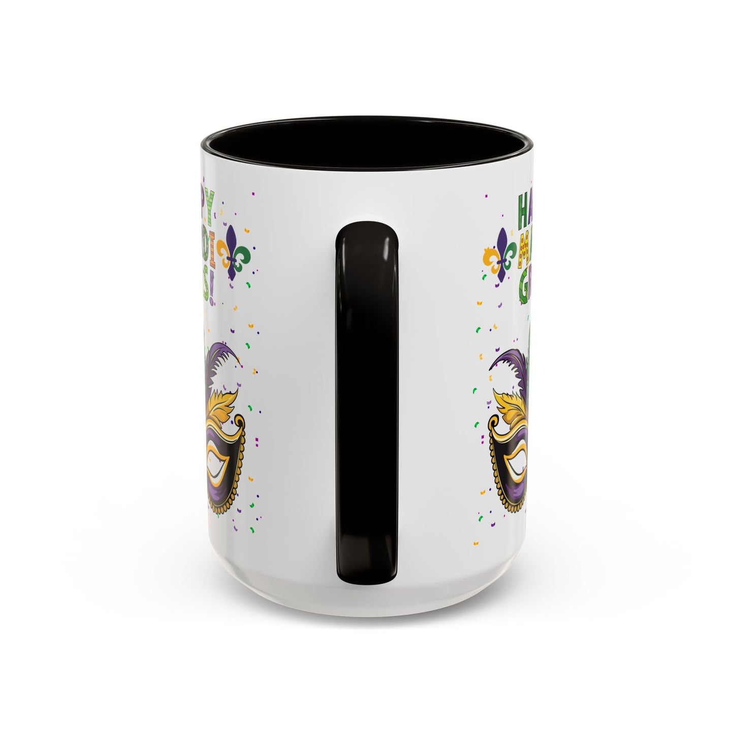 "Happy Mardi Gras" Mugs — Colorful 11oz/15oz Carnival Mask-Fleur De Lis Design White Ceramic Mugs