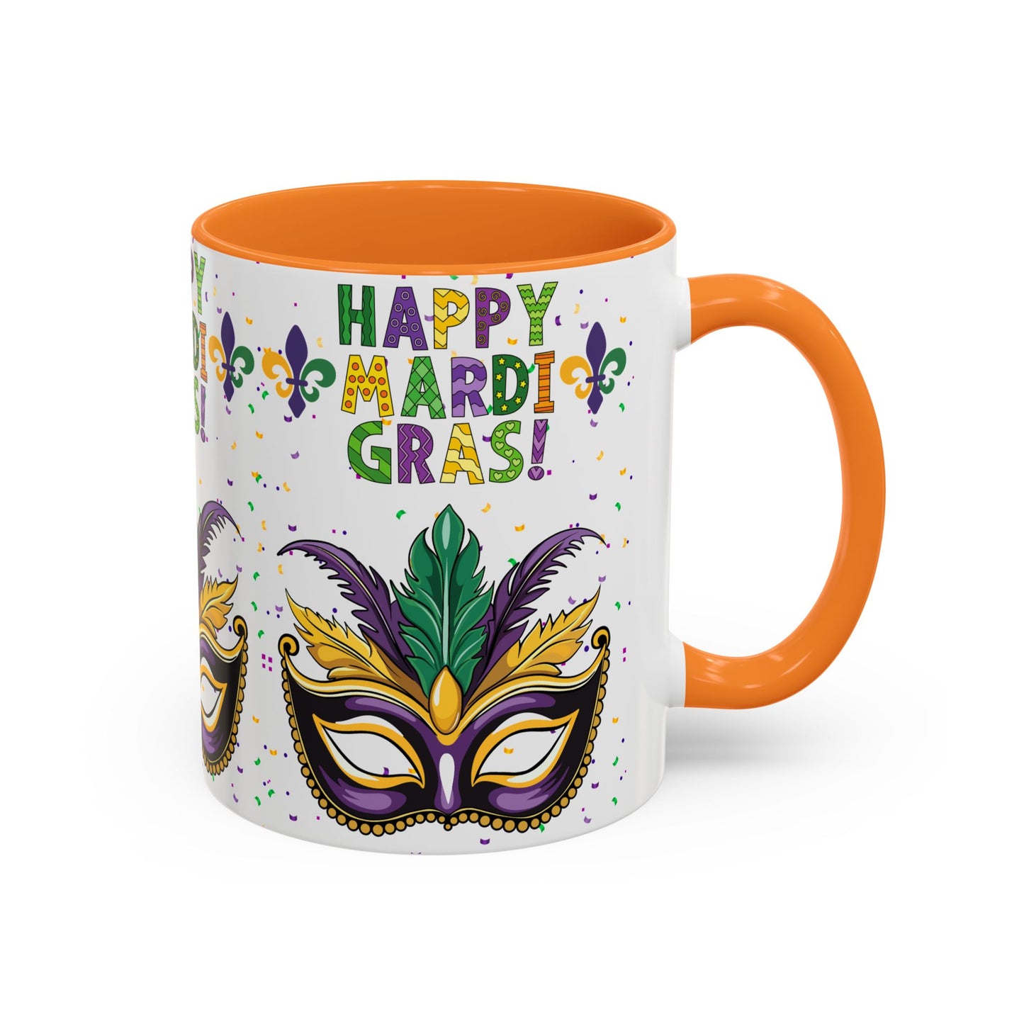 "Happy Mardi Gras" Mugs — Colorful 11oz/15oz Carnival Mask-Fleur De Lis Design White Ceramic Mugs