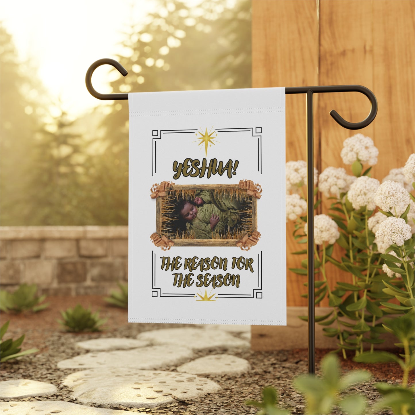 "Yeshua! The Reason for the Season" Featuring The Baby Savior In A Wooden Manger.  A Beautiful Decorative Garden Flag For Xmas!-White