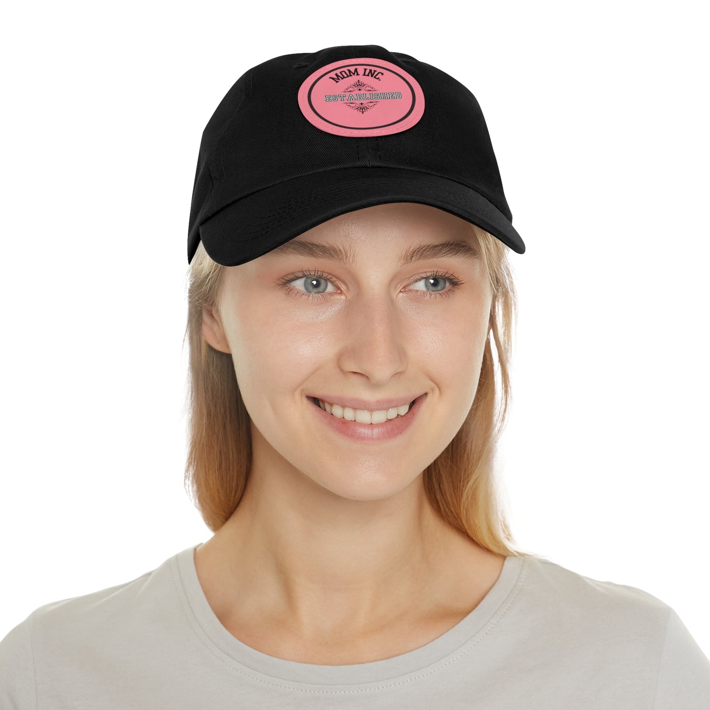 "MOM INC."  Black Twill Dad Hat with Personalized PU Leather Patch