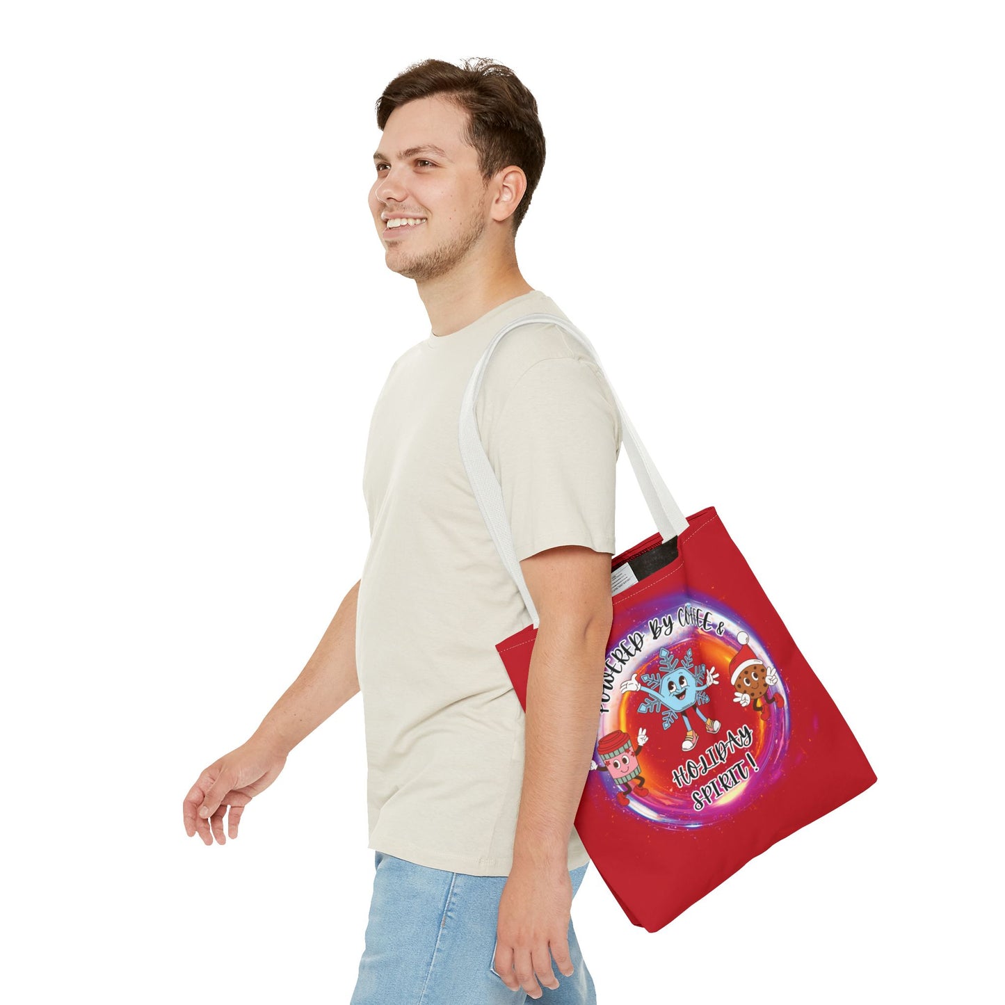 "Powered By Coffee And Holiday Spirit "  Red Tote Bag  with Colored Straps