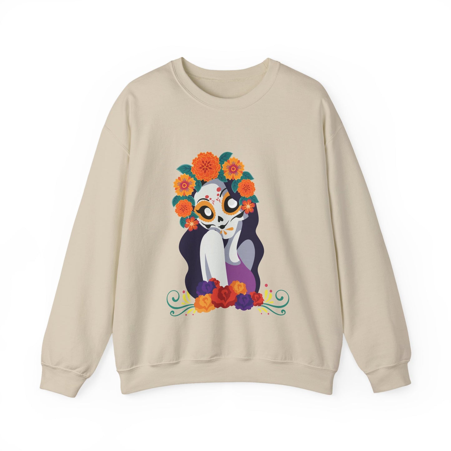 " Katrina Floral Skull"  Unique Crewneck Unisex Sweatshirt. Great for Celebrations like Dia De Los Muertos, Halloween or Any day!