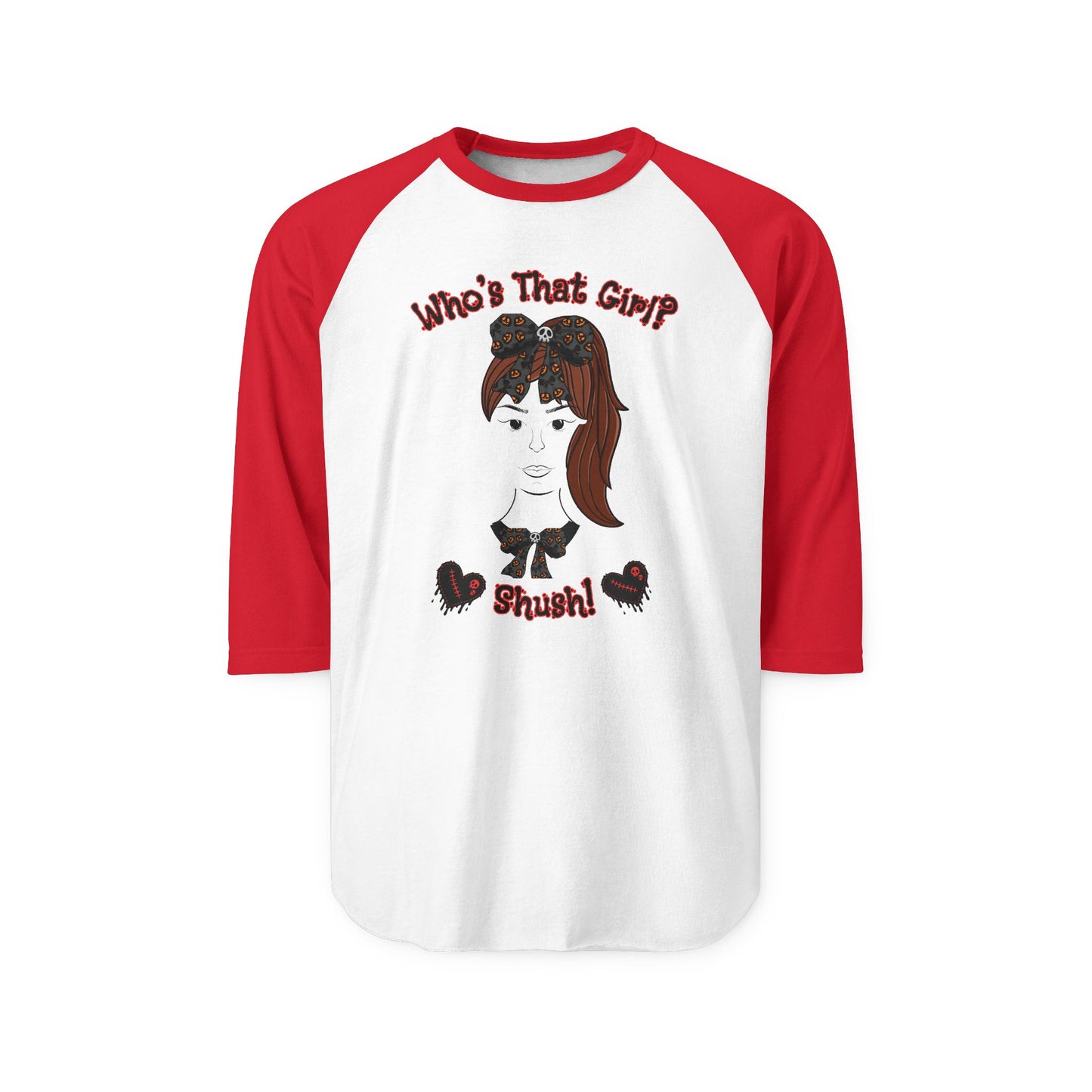 "Who's That Girl?" Unisex Three-Quarter Sleeve Raglan Shirt. A perfect "Goth" Gift!