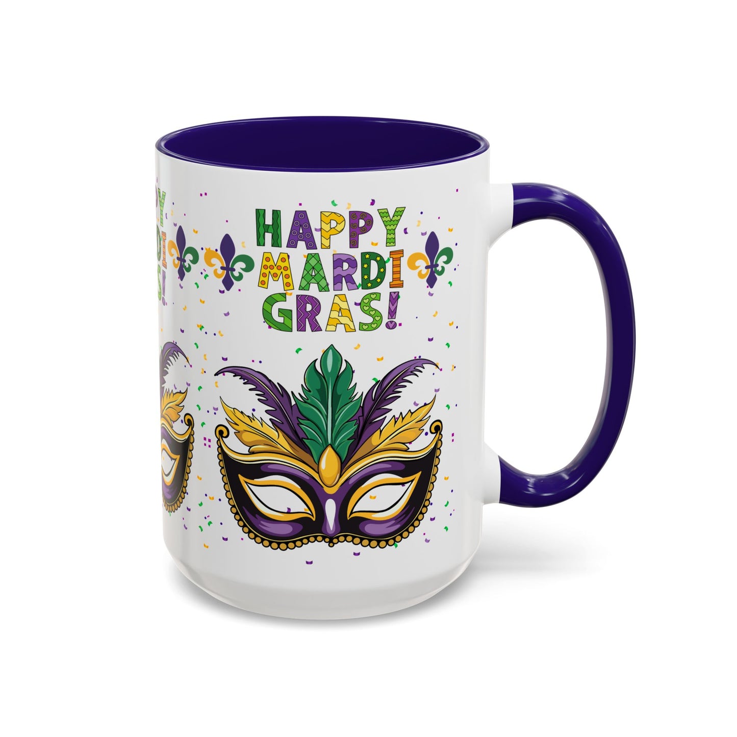 "Happy Mardi Gras" Mugs — Colorful 11oz/15oz Carnival Mask-Fleur De Lis Design White Ceramic Mugs