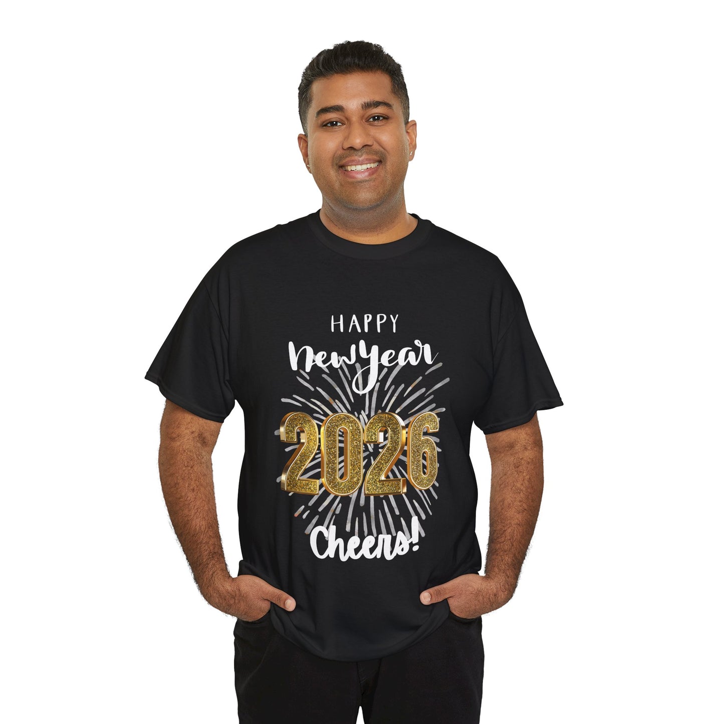 "Happy New Year -Cheers!" 2026 Unisex CottonT-Shirt — Bright Fireworks And Good Sentiment Help Usher In the New Year!